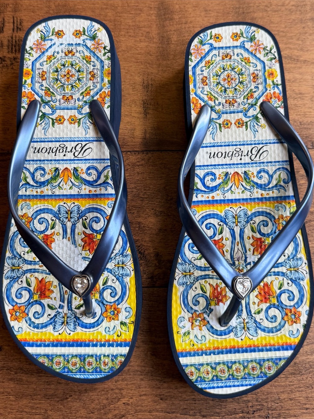 Brighton navy floral wedge flip flops with heart gem
